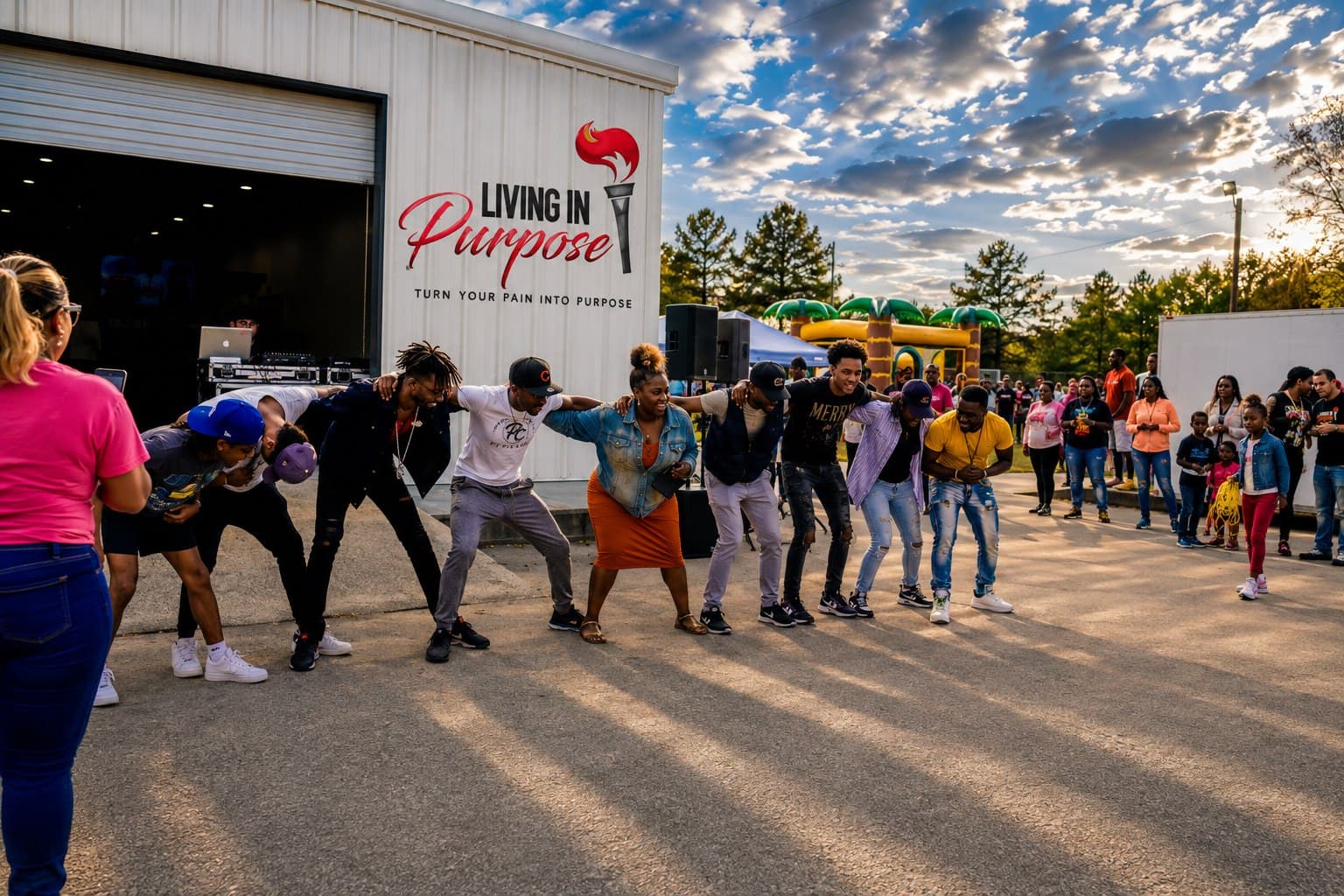 Living in Purpose students gathered outside the Purpose Center in Augusta at sunset